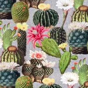 May include: A fabric pattern featuring a variety of green cacti and succulents on a light grey background. The design includes round, oval, and tall cacti with vibrant pink, white, and yellow flowers blooming from the tops of the plants.