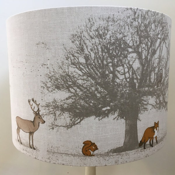 Forest animals lampshade, handmade in natural linen style fabric, various sizes and linings