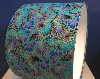 Turquoise, teal & gold marbled lampshade in Plume fabric, made to order in various linings and sizes