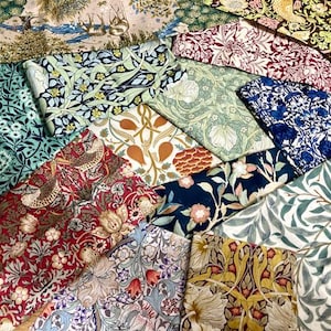 William Morris fabric remnants, bundle of cottons with various prints and sizes, random selection, different colours