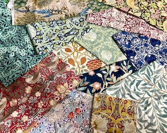 William Morris fabric remnants, bundle of cottons with various prints and sizes, random selection, different colours