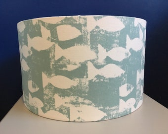 Nautical fish lampshade, in blue & white shoal fabric, made to order in various sizes and linings