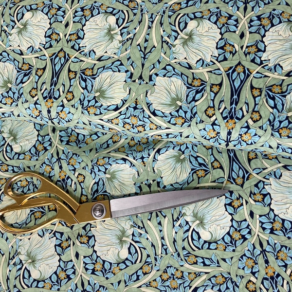 William Morris 'Pimpernel' fabric, in navy blue and green, silky lightweight, cut to size and sold by the half metre, extra wide