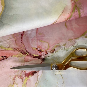 Marbled pink grey & gold fabric, rose silver marble, quilting panel 75cm x 110cm