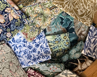 William Morris fabric remnants, bundle of cottons with various  prints and sizes, random selection