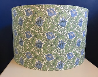 William Morris lampshade sage Green and cornflower blue 'Anemone' fabric, made to order in various sizes and linings
