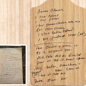 Tabla de cortar grabada con láser personalizada: ¡transforme una receta o carta escrita a mano en arte duradero!