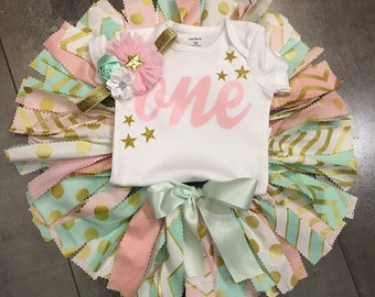 twinkle little star pink gold mint fabric tutu (3pc) first birthday photo outfit and pink and gold mint crown headband , quick shipping