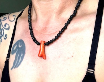 Lava and Hematite Necklace with Coral branch, Sterling Silver Clasp, Intention Jewelry