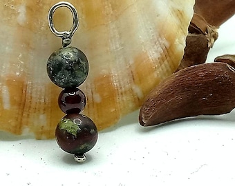 Handmade Dragon’s Blood Jasper and Garnet Vertical Beaded Charm in Recycled Sterling Silver