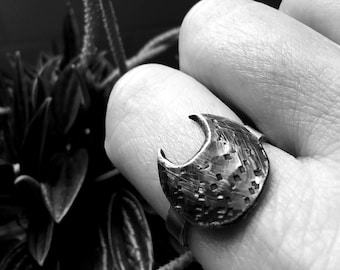 Handmade Recycled Fine Silver Moon Ring, Hammered Textured, Goth Style, Celestial Jewelry