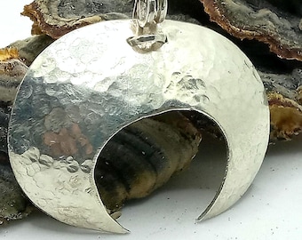Handmade Recycled Sterling Silver Crescent Pendant, Textured Half Moon Charm