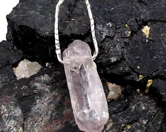 Soft Pink Crystal Charm on Handmade Fine Silver Bale, Raw Kunzite Pendant