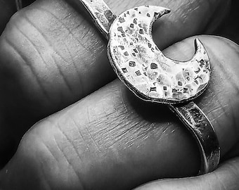 Handmade Recycled Fine Silver Double Ring, Crescent Moon, Boho Celestial Jewelry