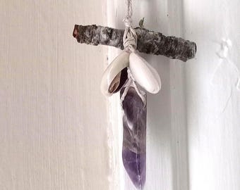 Handmade  Suncatcher, Natural Decor Energy Protection, Birch Twig and Cowrie Shell Amulet