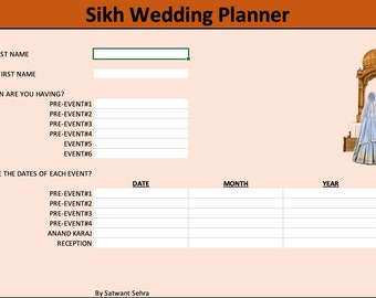 Sikh Wedding Events Planner | Excel Spreadsheet | Instant Download | Punjabi Wedding