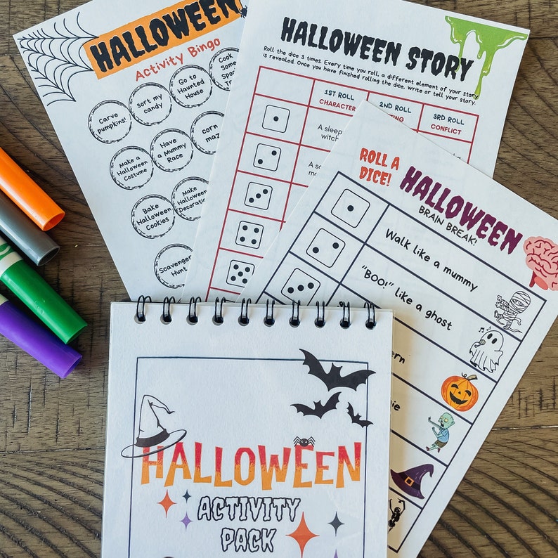 Pu&ograve; includere: Un set di fogli di attivit&agrave; di Halloween stampabili, tra cui una scheda di bingo, un gioco di storia e una pausa per il cervello. I fogli sono in bianco e nero con accenti colorati e presentano immagini a tema Halloween come zucche, streghe e pipistrelli.