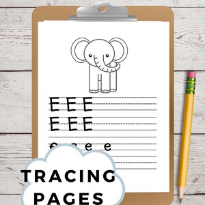 Op de afbeelding: Een zwart-witte printbare oefenpagina met een cartoon-olifant waarop de letter "E" meerdere keren wordt herhaald. De pagina heeft de titel "Tracing Pages".