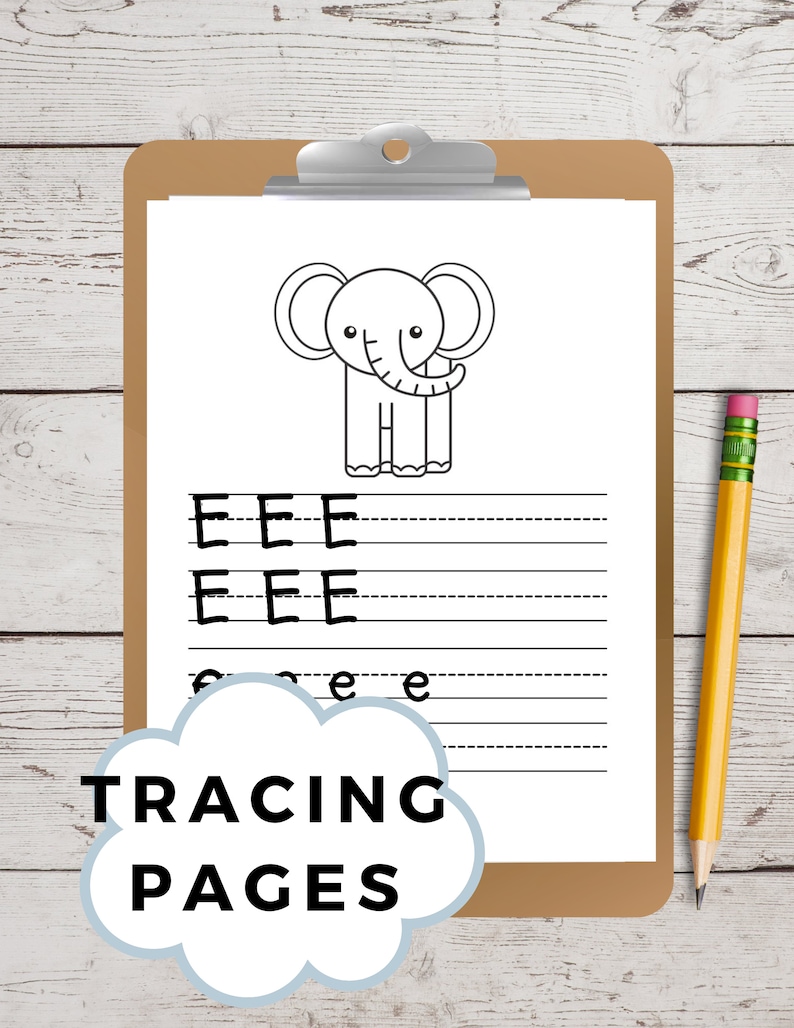 Op de afbeelding: Een zwart-witte printbare oefenpagina met een cartoon-olifant waarop de letter "E" meerdere keren wordt herhaald. De pagina heeft de titel "Tracing Pages".