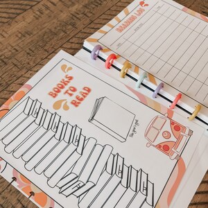 May include: A printable reading log with a retro design. The page features a stack of books, a single open book, a vintage van, and the text "Books to Read".