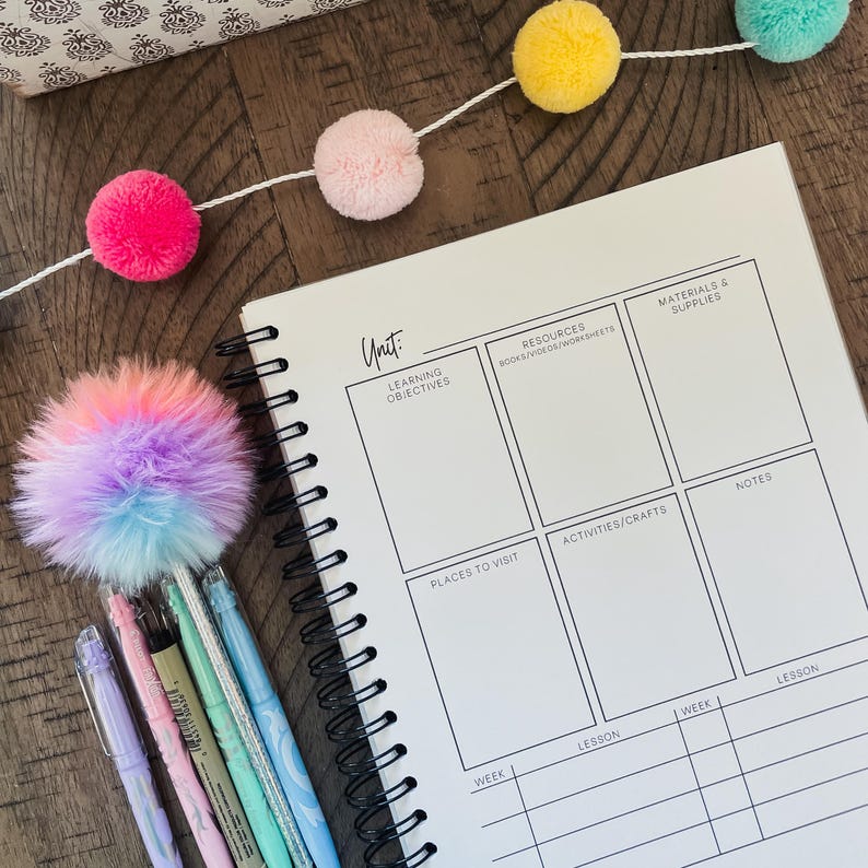 May include: A white planner with a black spiral binding. The planner is divided into sections for unit, learning objectives, resources, materials and supplies, places to visit, activities and crafts, notes, week, and lesson.