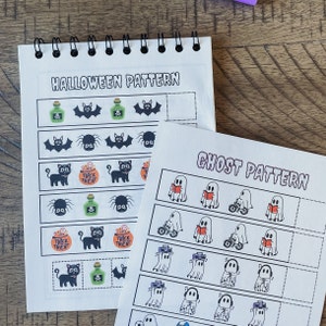 Pu&ograve; includere: Due fogli di attivit&agrave; di Halloween stampabili. Il primo foglio presenta uno schema di Halloween con immagini di un gatto nero, un ragno, una bottiglia di pozione, un pipistrello e una zucca. Il secondo foglio presenta uno schema di fantasma con immagini di un fantasma che tiene un libro, un fantasma che va in bicicletta e un fantasma che tiene un sacchetto di caramelle.