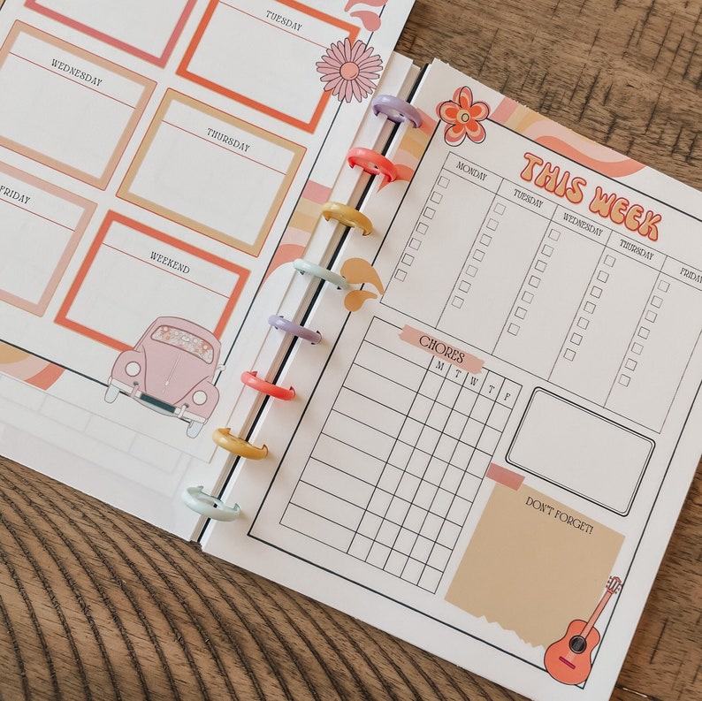 May include: A weekly planner with a retro design featuring a pink Volkswagen Beetle, a guitar, and a "This Week" header. The planner includes sections for Monday through Friday, weekend, chores, and a "Don't Forget" note section.