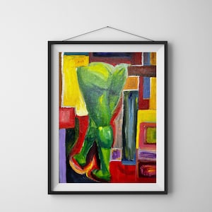 May include: Abstract painting with a green figure in the center, standing on a red and yellow background. The figure is surrounded by geometric shapes in various colors, including purple, blue, and orange.