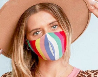 Multi-Color Striped Face Mask, Stretch-fitted, Soft Cotton Jersey Blend 3 Layer Mask w/Filter, Washable, Reusable, Made in the USA