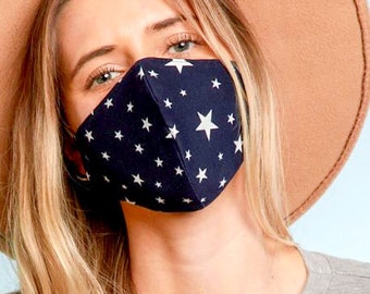 Navy w/Ivory Stars Face Mask, Stretch-fitted, Soft Cotton Jersey Blend 3 Layer Mask w/Filter, Washable, Reusable, Made in the USA