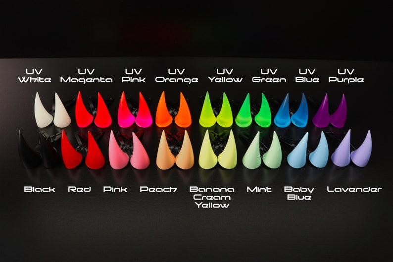 May include: A collection of UV-reactive horns in various colors, including white, magenta, pink, orange, yellow, green, blue, and purple. Each color is labeled with its name. The bottom row features additional colors: black, red, pink, peach, banana cream yellow, mint, baby blue, and lavender.