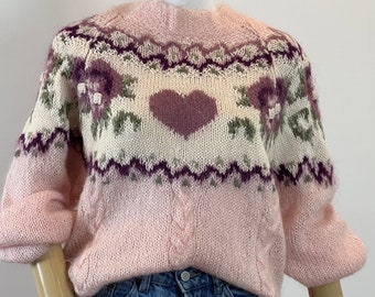 80s Mohair Hand Knit Sweater Floral Pastels Cottage Core Sweater Size M