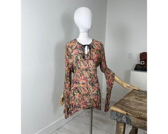 Revue Womens Large Paisley Print Rayon Tunic Top Pink Yellow Split Neck Tie Boho