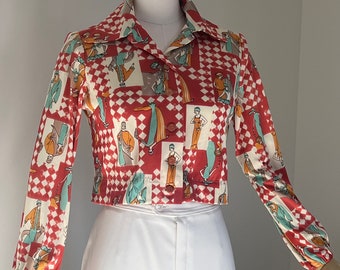 70s Novelty Print Dagger Collar Button Up Cropped Top