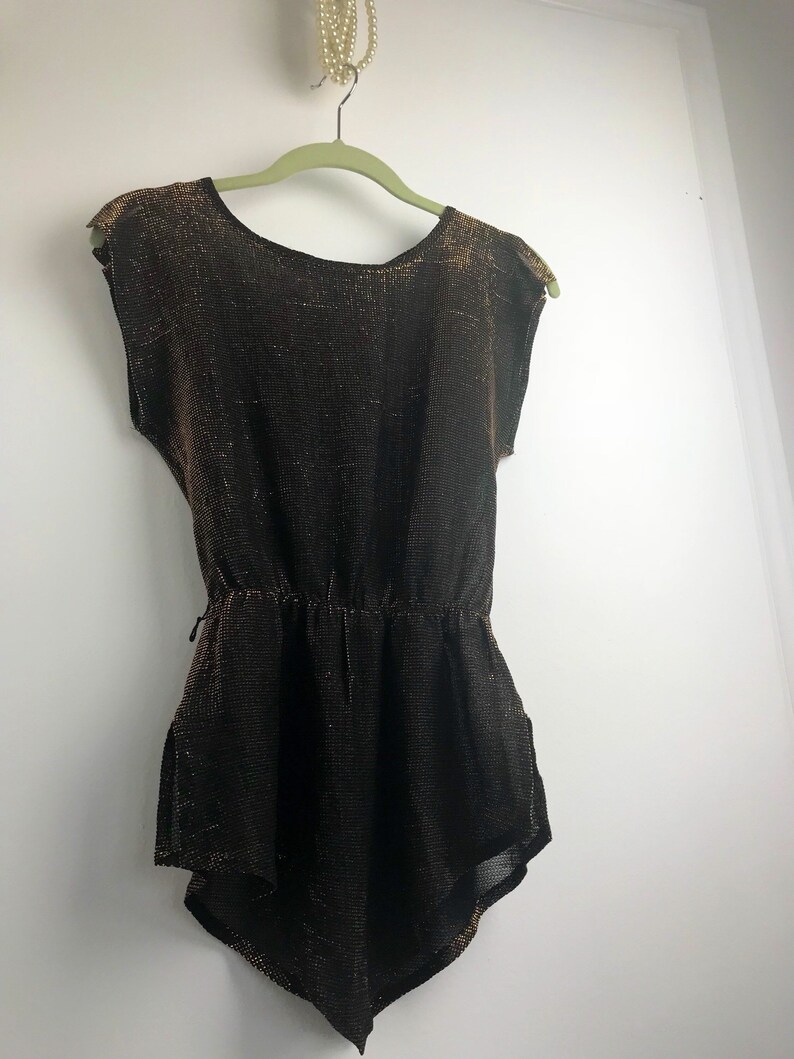 70/'s Sheer Asymmetrical Copper Toned Metallic Lame Top Size S