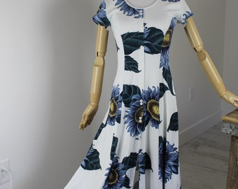 90s LaFete USA Maxi Dress Blue Sunflower Maxi Dress