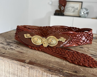 Vintage Brown Leather Braided Charm Belt, Italian Boho  display picture 3