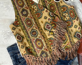 90s Tapestry Vest Fringe Detail Statement Buttons