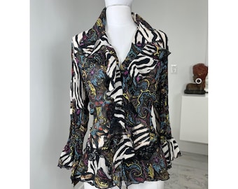 Blusa Y2K Le Caviar con estampado animal paisley, encaje, botones y mangas acampanadas, talla XL