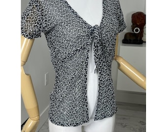 Jamie Nicole Womens Medium Schwarz Weiß Besticktes Mesh Tie Front Cardigan Top