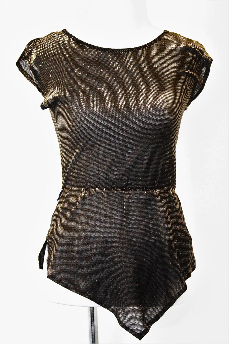 70/'s Sheer Asymmetrical Copper Toned Metallic Lame Top Size S