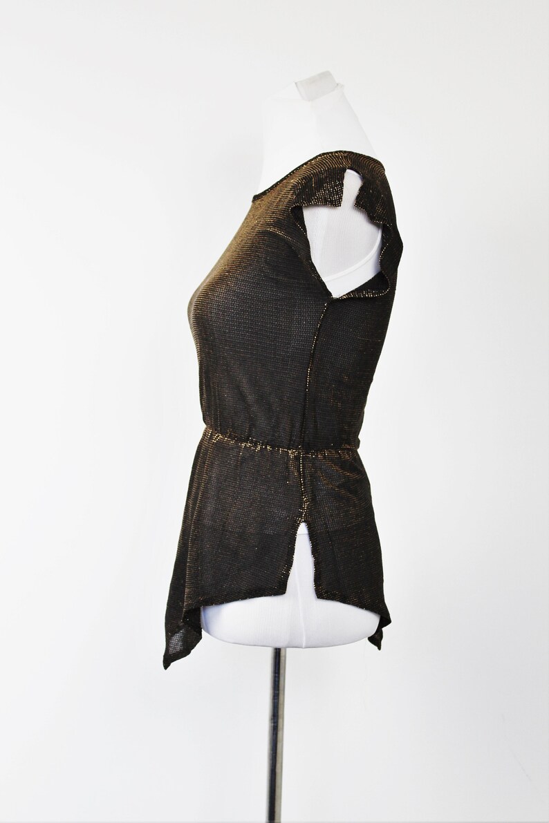 70/'s Sheer Asymmetrical Copper Toned Metallic Lame Top Size S