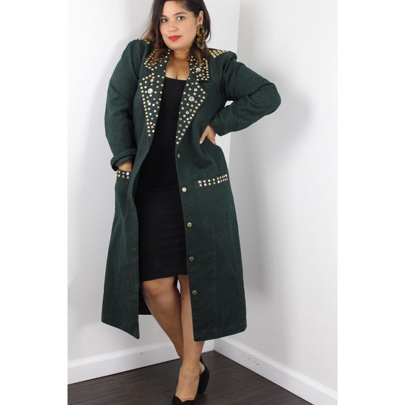 1980's Green Studded Duster Coat Gold Studs Detail