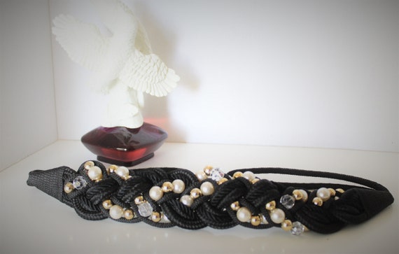 Vintage Braided Belt 80s Elastic Belt Pearl Detai… - image 3