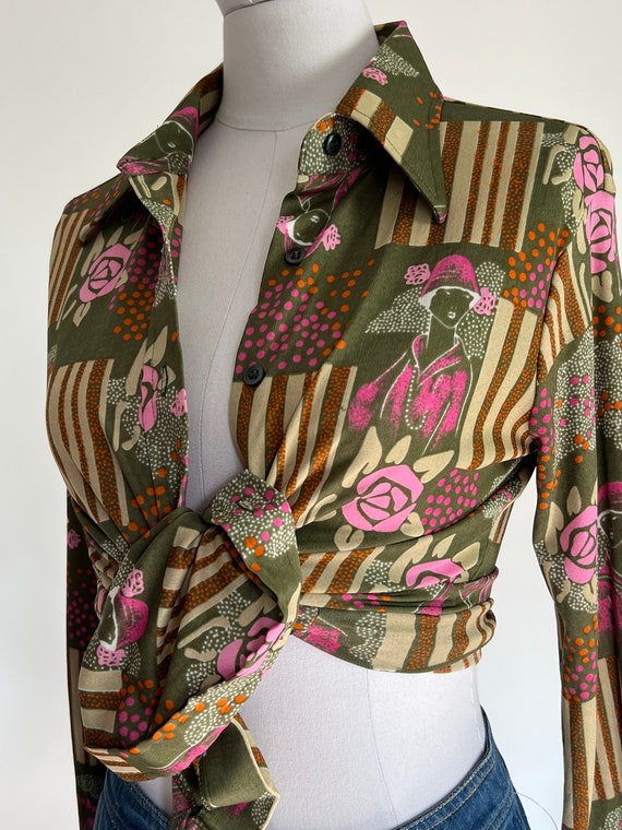 1970s Novelty Print Button Down Shirt / 1970s Novelty… Gem