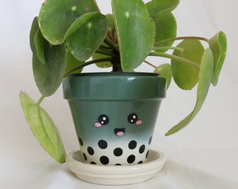 Boba Tea Plant Pot | Green Matcha Tea & Cream Clay Planter Pot |  Cute 4 Inch Plant Pot | Perfect Gift for Plant Lovers