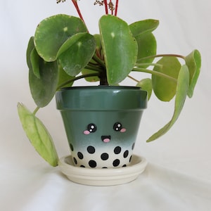 Boba theeplantpot | Groene Matcha Thee & Crème Klei Plantenbak | Leuke 4 inch plantenpot | Perfect cadeau voor plantenliefhebbers