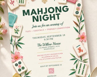 May include: A rectangular invitation card for a Mahjong Night event, featuring a border of scattered Mahjong tiles, pink flowers, and green leaves. The text reads Mahjong Night, Join us for an evening of tiles, cocktails, friendly competition, Thursday, September 18, 6:30 PM, The Willow House, 123 Main Street, #110, Nashville, and RSVP by September 10.