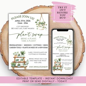 以下が含まれることがあります： 「Plant Swap」のテキストとイベントの詳細が記載された、植物交換イベントへの招待状。植物の水彩イラストと招待状を表示する携帯電話のデザイン。木製の背景にあります。