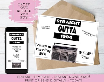 90er Hip Hop Geburtstagseinladung: Retro Boombox, bearbeitbare Vorlage (digitaler Download)